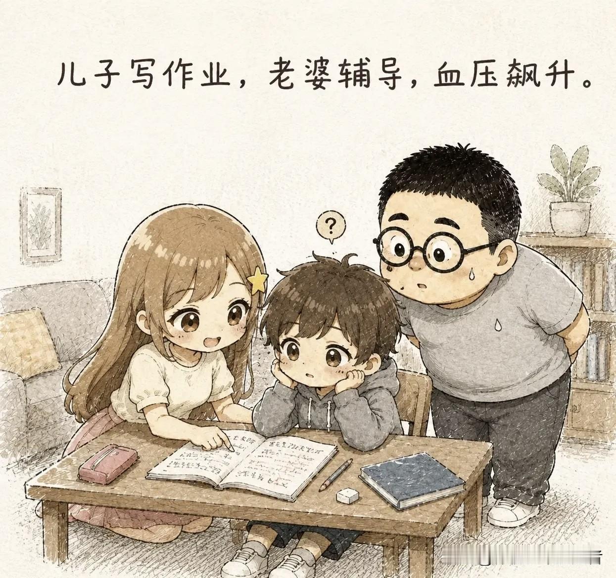 搞笑漫画分享：儿子写作业，老婆辅导，血压飙升。老婆冲着老公喊：「你来！我教不了了