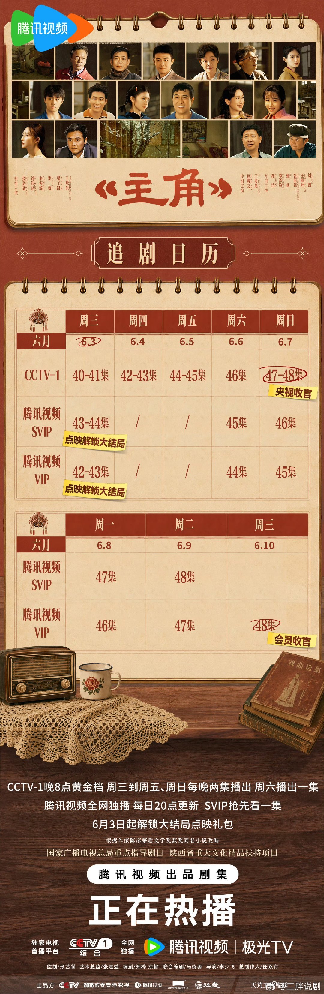《主角》收官周追剧日历【罕见】先台后网！央视一套率先收官，腾讯会员晚两天更新大结