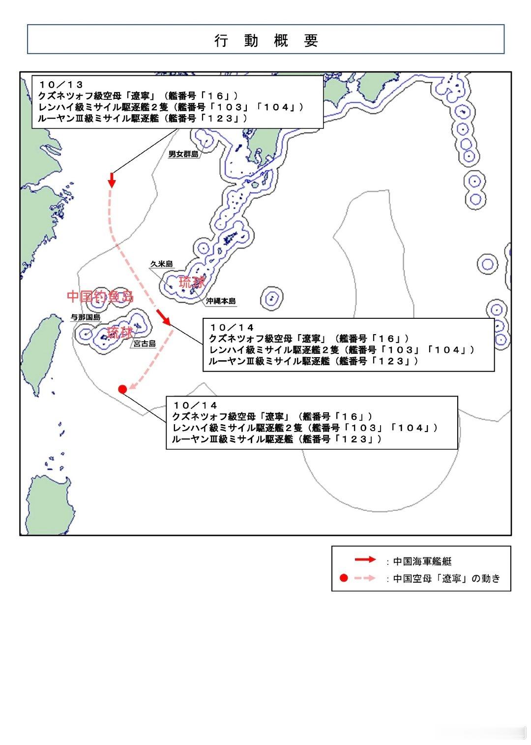 日本防卫省公布中国海军辽宁舰航母编队动向，10月14日，辽宁舰编队穿航宫古海峡进入琉球南部的西太平洋