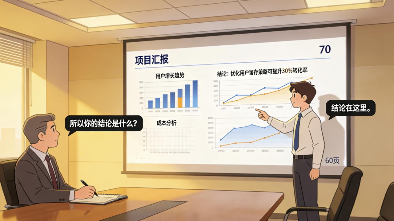 小王第一次做项目汇报，PPT做了六十页，数据详实，图表精美。讲完，总监问：“所