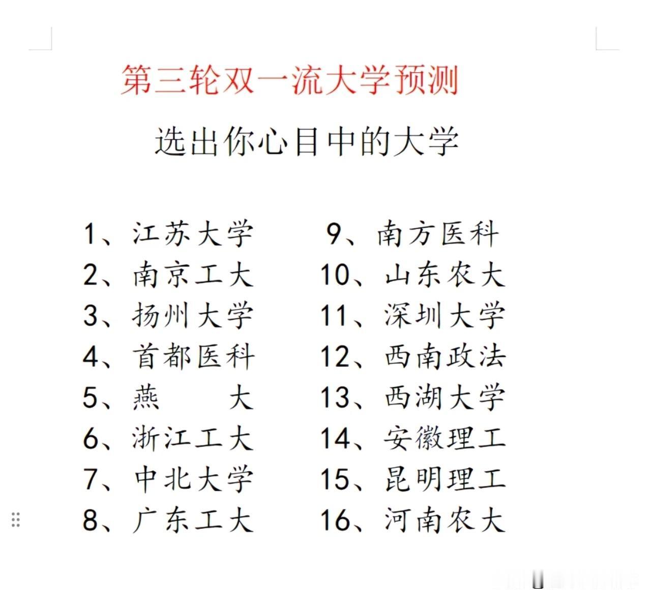 第三轮双一流预测名单流出16所：燕大、西政最冤，深大最富，西湖最特殊一张"第