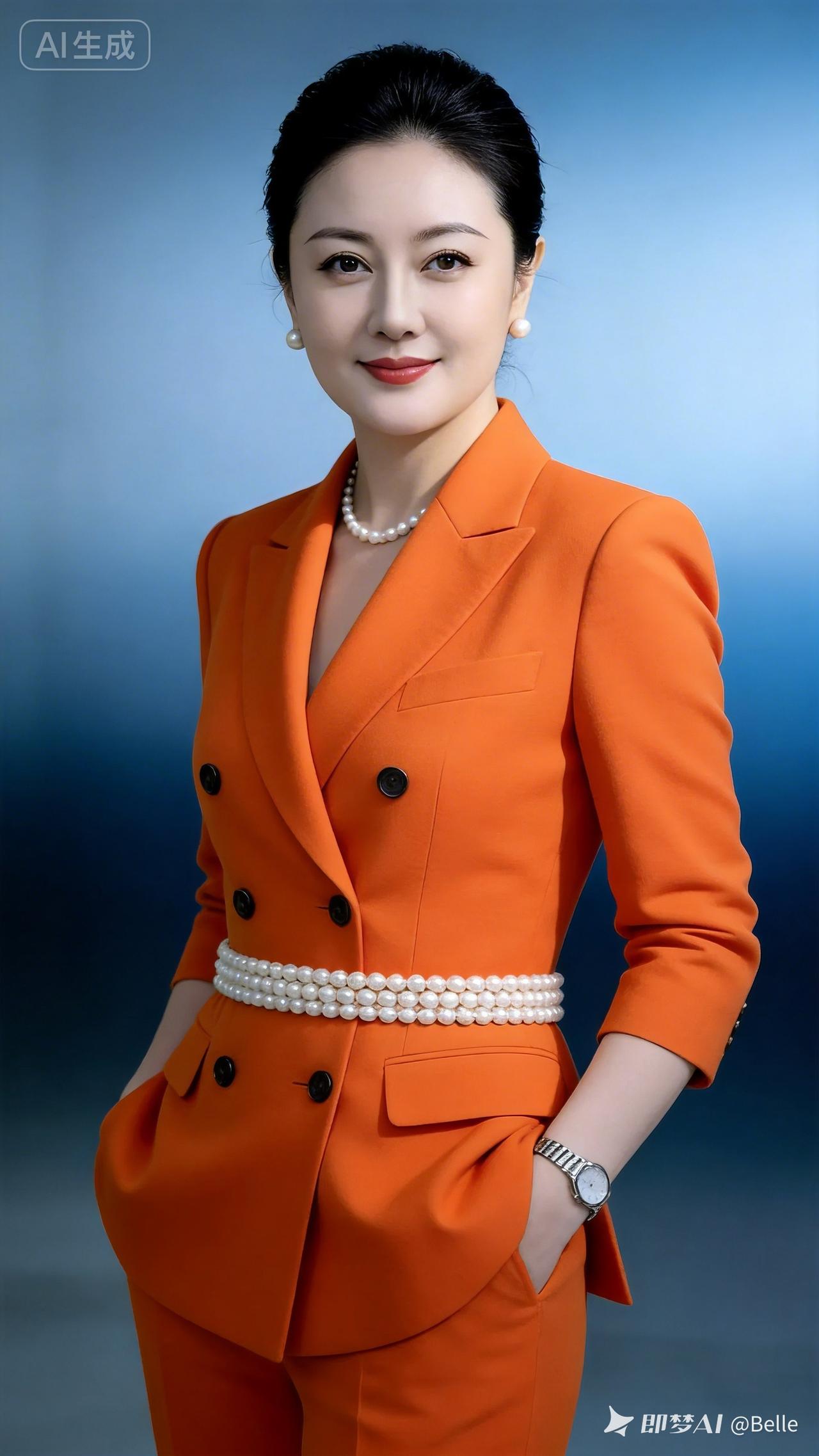 优雅职场风，橙色西装搭配珍珠项链，尽显女性魅力！💄👠💼