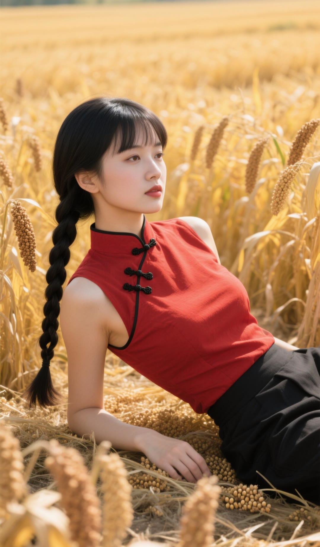 金秋田野，红衣少女，静享丰收时光。