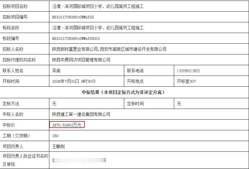 泾渭·滨河国际城项目小学、幼儿园尾项工程施工中标结果公告陕西建工第一建设集团有