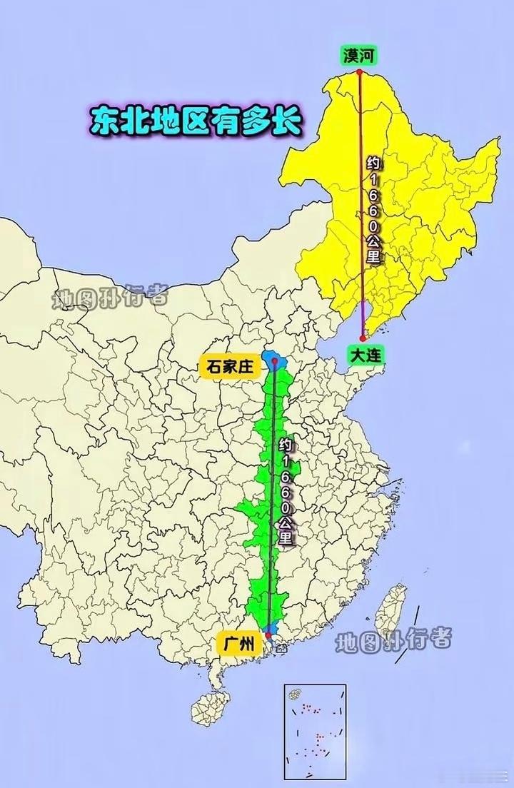 “漠河-大连约1660公里”“石家庄-广州约1660公里”，这是等距离投影的典型
