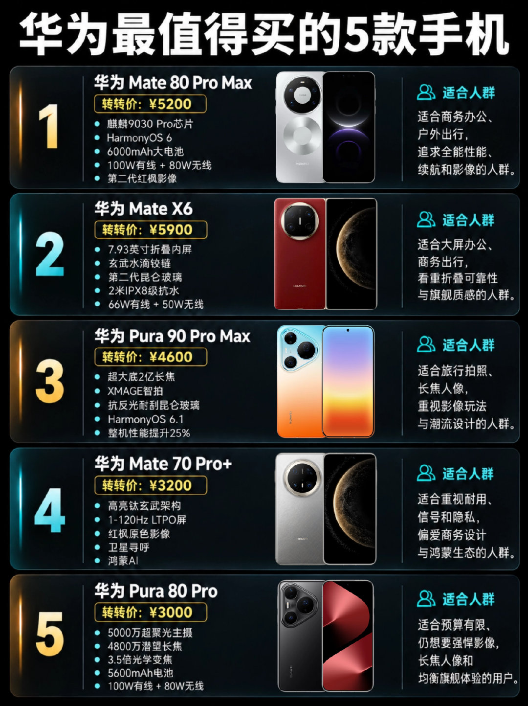 华为目前最值得买的5款手机推荐，大家觉着怎么样？​