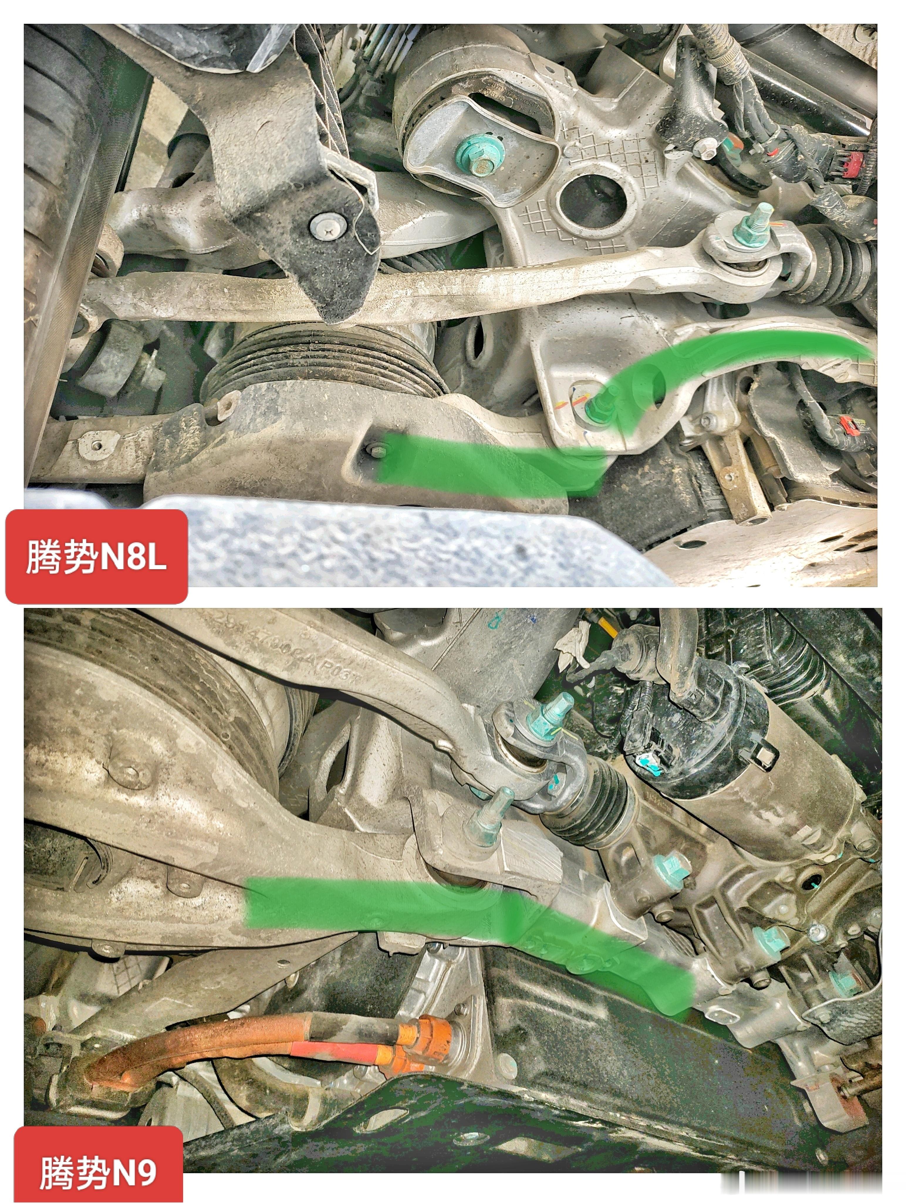 腾势N9时候，副车架“后墙”还很原教旨。到了N8L时候，也得往后弯了。