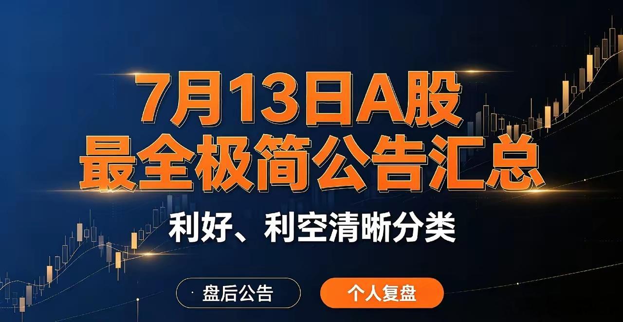 7月13日A股最全极简公告汇总，利好、利空清晰分类！一、今日利好公告1、业绩大幅