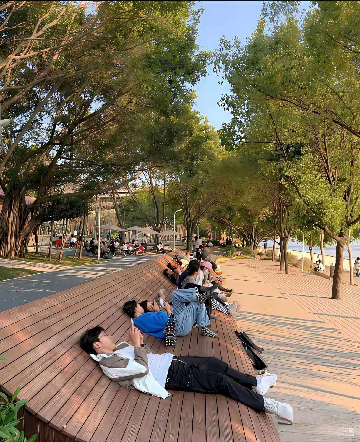 公园竟修了可直接躺平的木平台走累了往上面一躺，迎着微风，晒着太阳，休息惬意极了