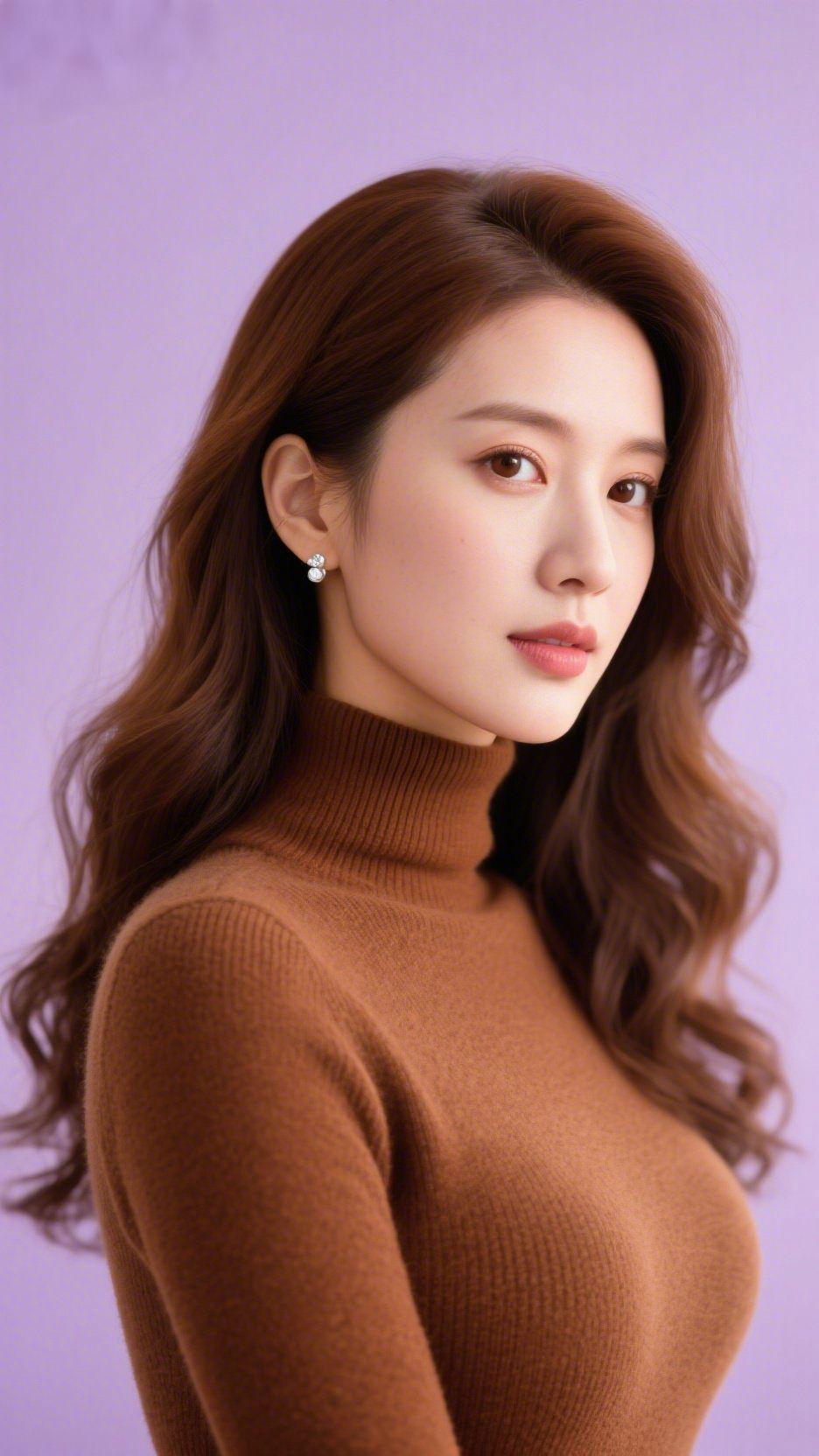 焦糖针织的柔暖韵淡紫光缕轻覆焦糖针织，细密纹理似浸了秋阳的暖，简洁高领衬得