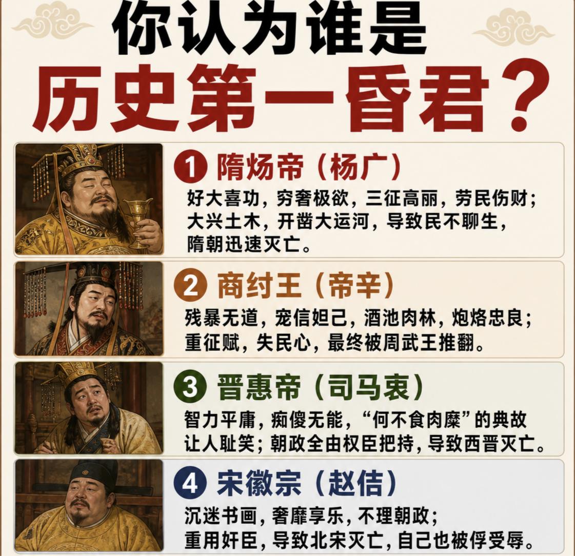 你心目中的历史上第一昏君是谁？我认为非宋徽宗莫属，本是个混吃等死的王爷，机