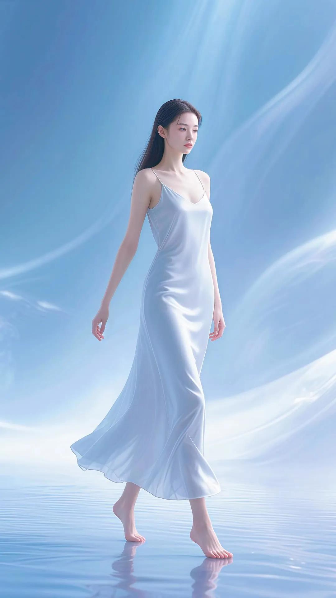 仙气飘飘的梦幻少女，轻盈漫步在碧波之上。