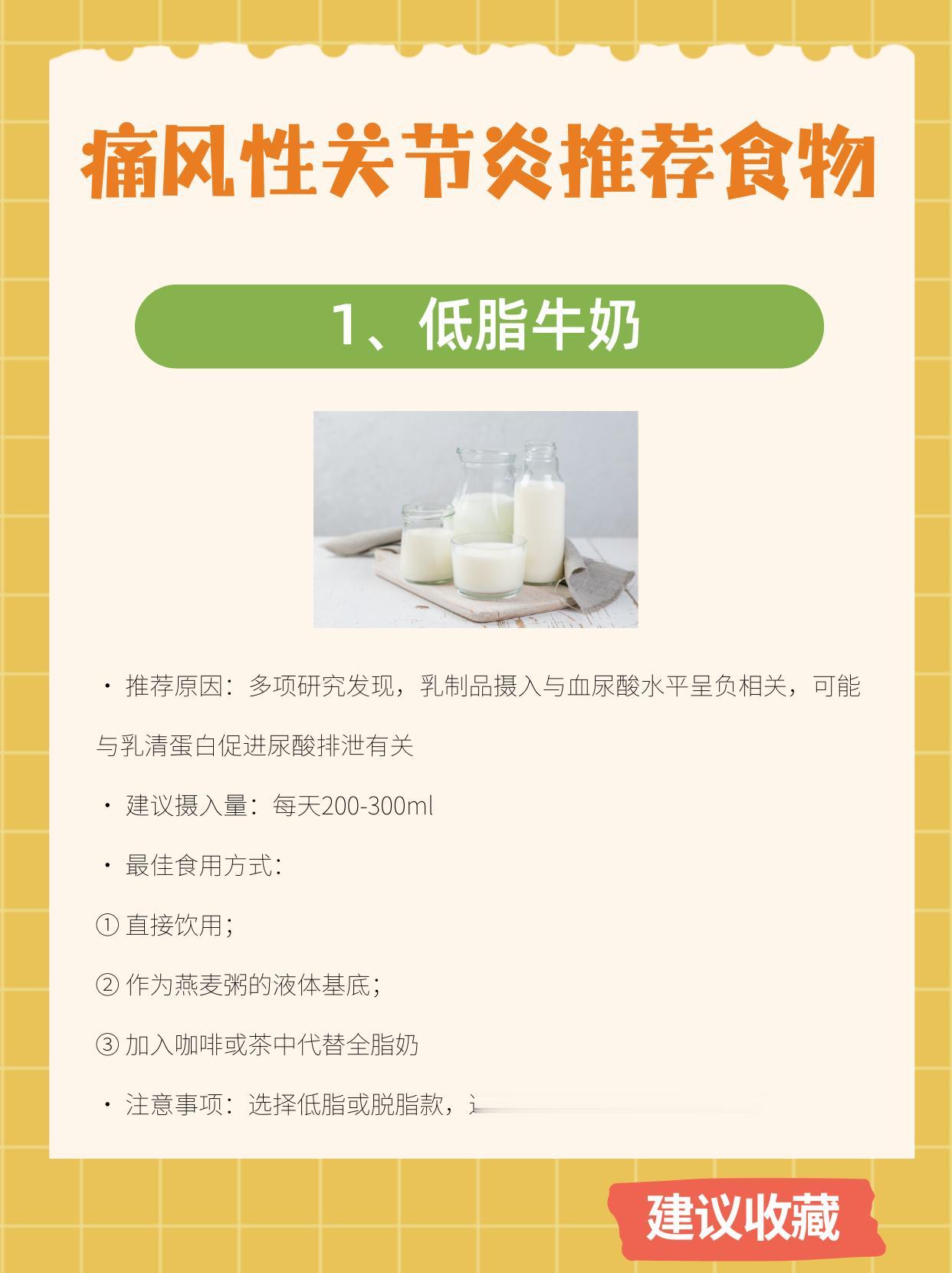 适合痛风性关节炎的8类食物很多痛风患者有个误解："只要按时吃降尿酸药，吃什么都