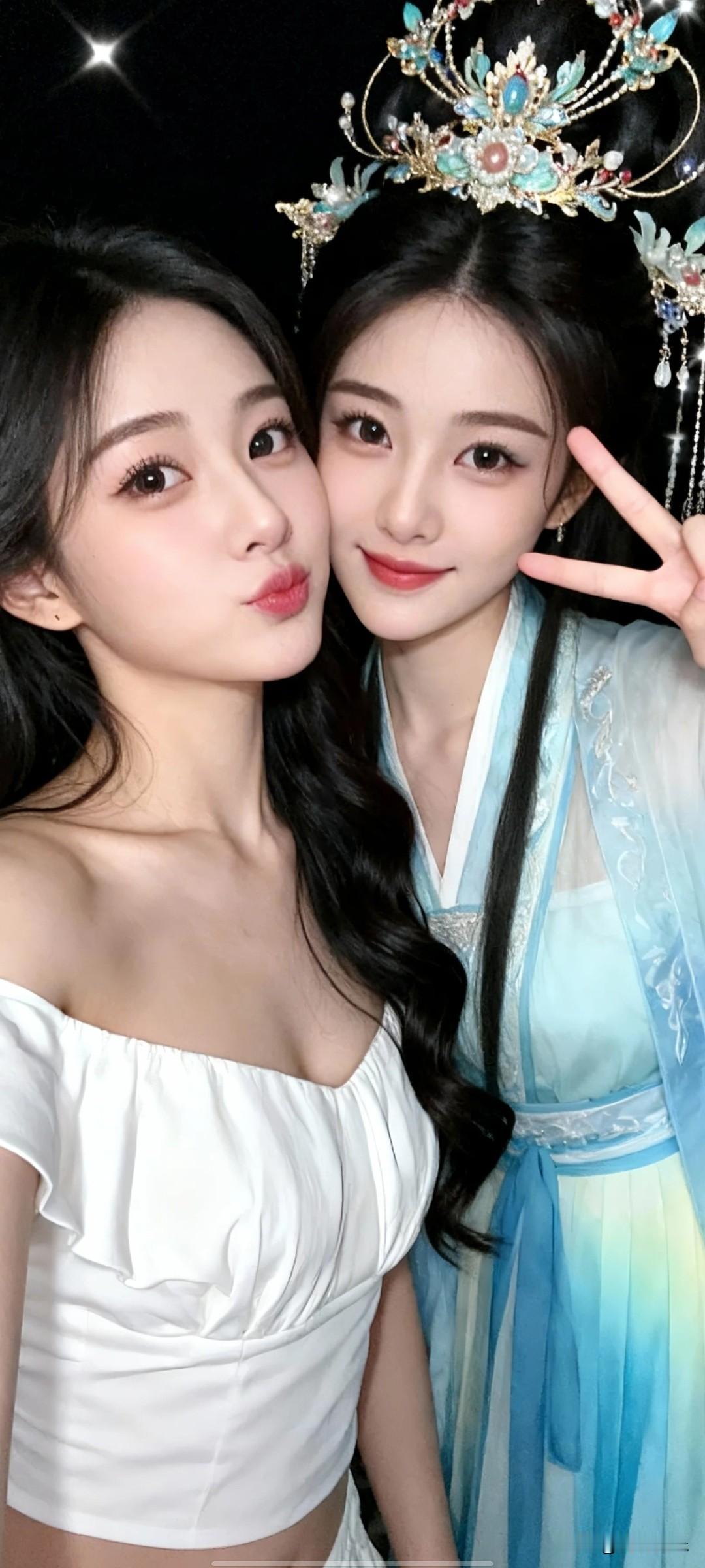 古风闺蜜照，甜美笑容，比心姿势，仙女装扮，梦幻背景