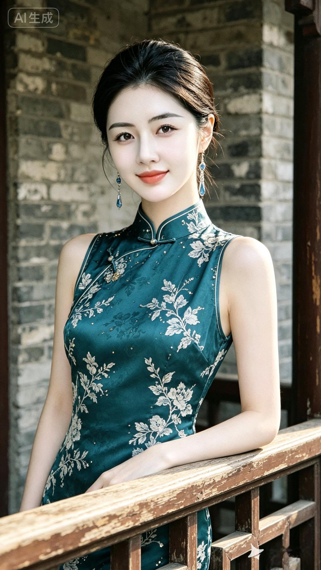 这位女士穿着旗袍，在户外拍照。