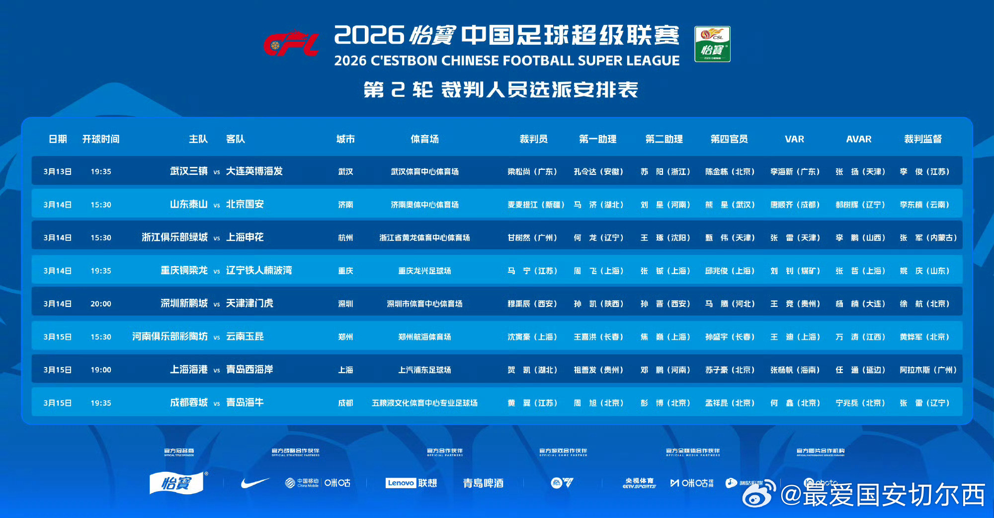 【中超第2轮山东泰山VS国安裁判信息】国安联赛第二轮客场同山东泰山的