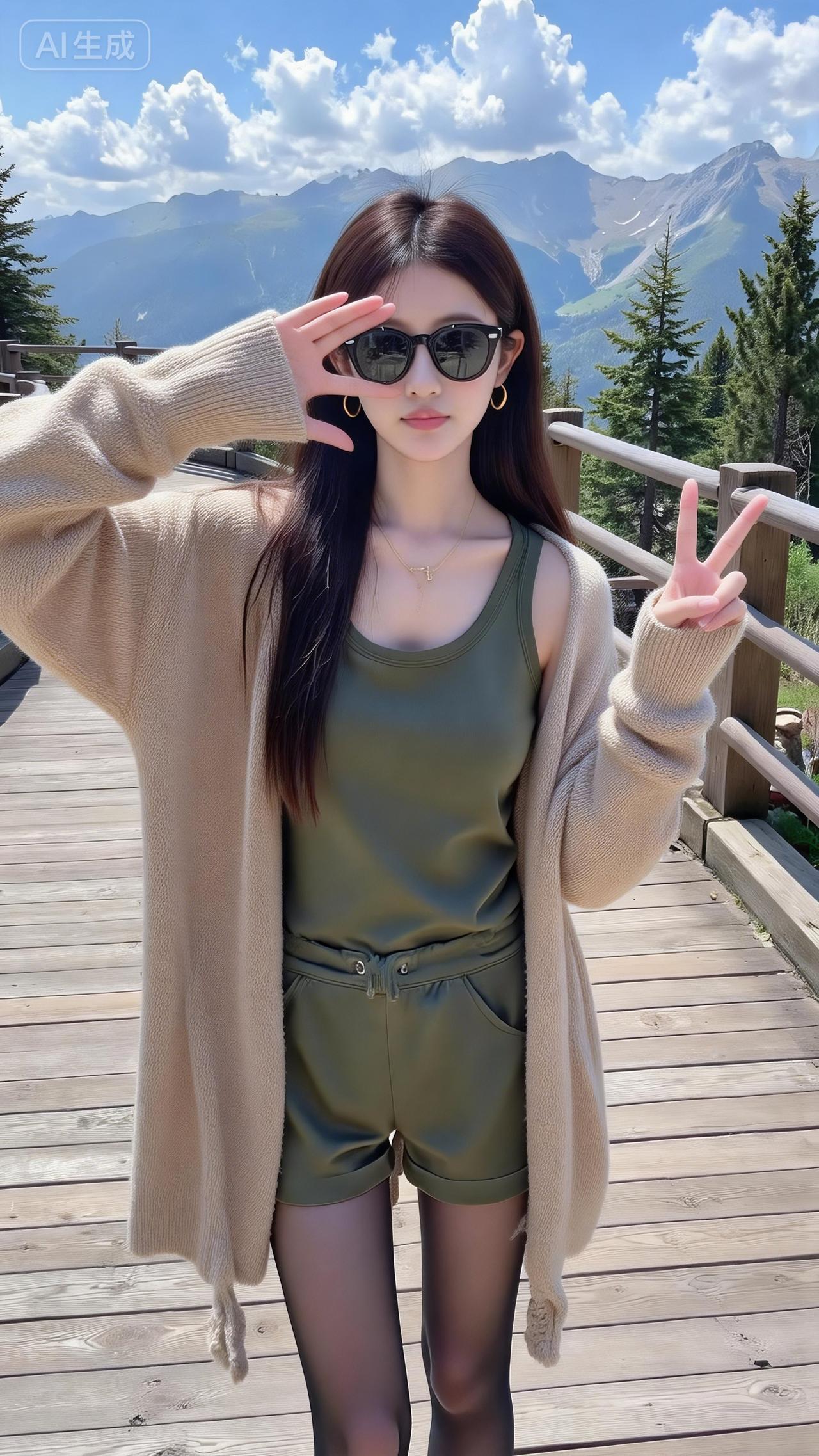 山景露台的松弛感辣妹卡其开衫搭橄榄绿套装，慵懒里藏着点小性感~墨镜+比耶的