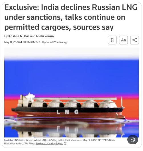 【🇮🇳印度因美国制裁拒绝购买俄罗斯天然气—路透社】据该机构报道，尽管中