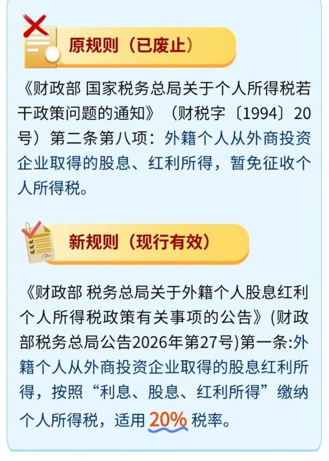 外资会大逃离吗？外籍个人股息红利从原来的免征改成按20%税率征收个税！