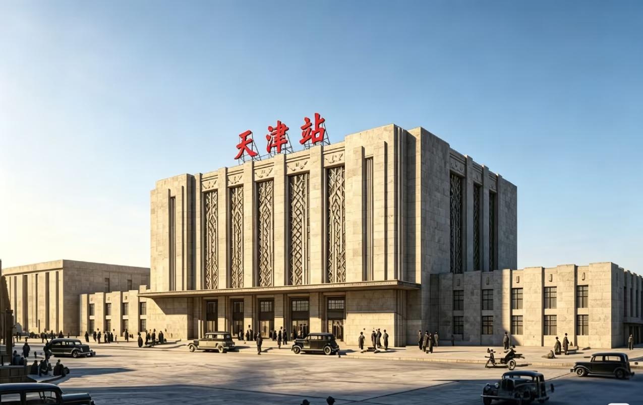 来点国铁最爱的红色隶体大字，出自于梁思成手笔天津站
