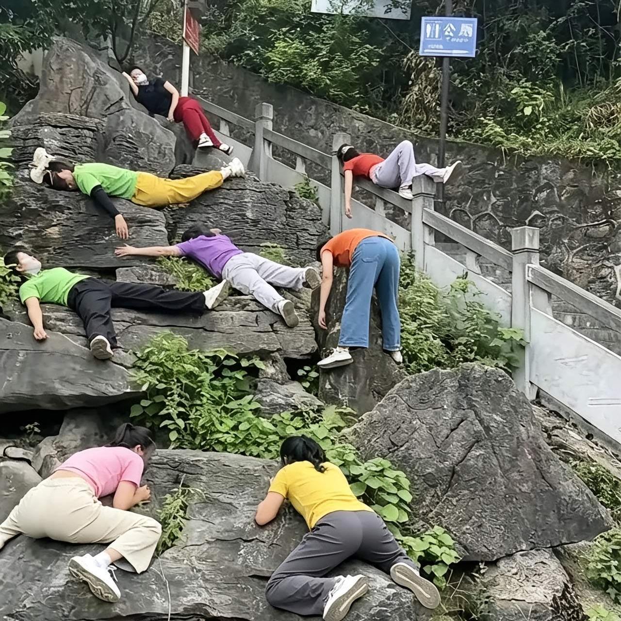 第一眼看到，差点被这画面给逗乐了！一群人趴在、躺在公园的大石头上，姿势五花