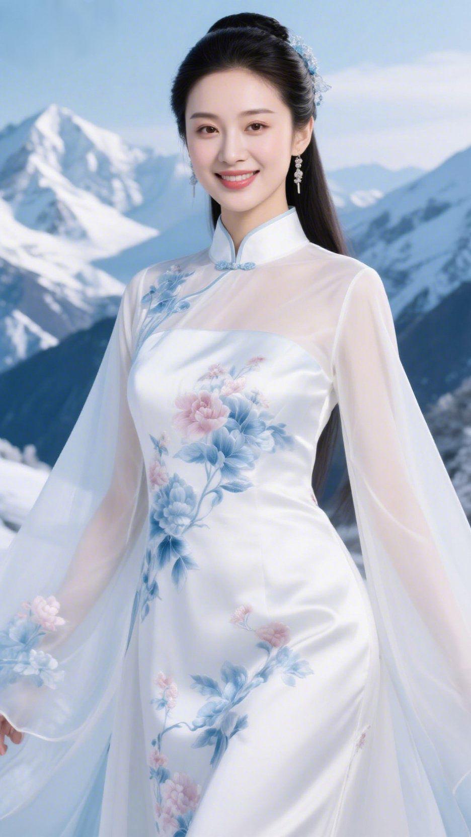 雪山晴望琼峰叠嶂入云天，万里晴光开碧落，皓雪凝辉覆远巅。千重冰壑