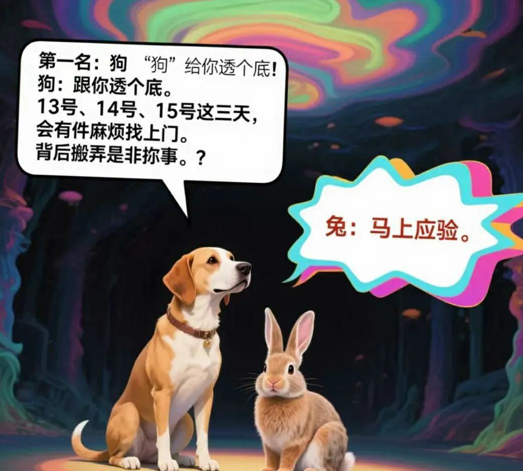 第一名：狗狗：跟你透个底。13号、14号、15号这三天，会有件麻烦找上门。