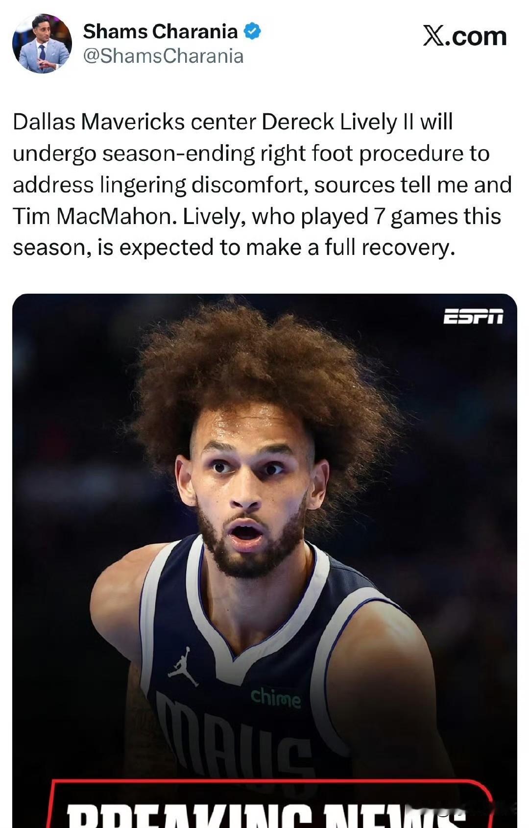 又一个新秀即巅峰！！！莱夫利右脚接受手术，赛季报销！根据记者Shams最新消