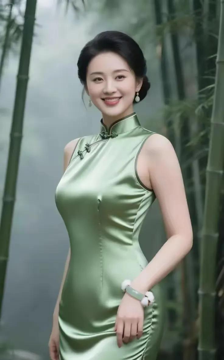 竹中美女翠筱环姿映玉容，旗袍裁韵意千重。青丝绾月风含笑，雅态天成入画浓。