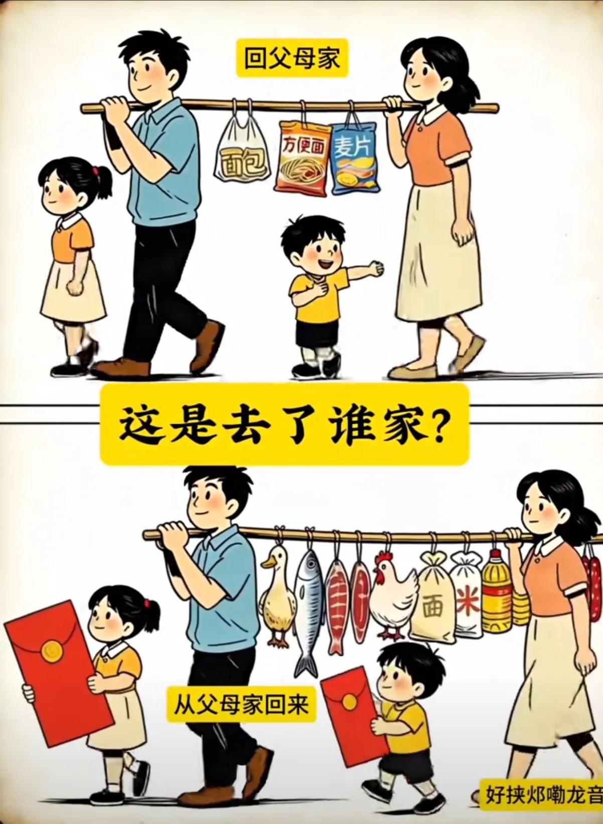 扫荡队回来了，满载而归。和现实场景中一模一样，活灵活现的画面。父母亲永远都是把最