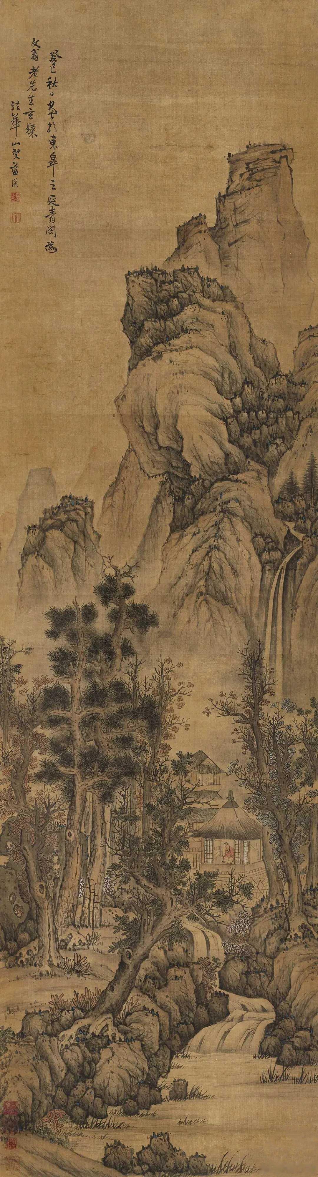 明蓝瑛《秋山听泉图》，立轴 设色绢本252×68cm。蓝瑛的《秋山听泉图》