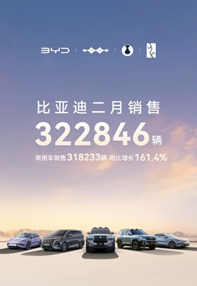 比亚迪2月稳坐销冠宝座：超32万辆佳绩，同比增长164%在2025年2月传统淡季叠加春节假期的不利环