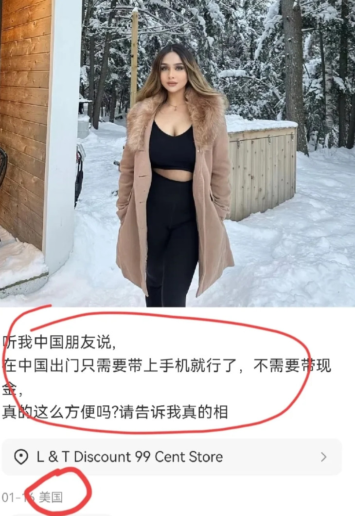 美国女网友josh在小红书发问：“听我中国朋友说，在中国出门只需带上手机就行了，