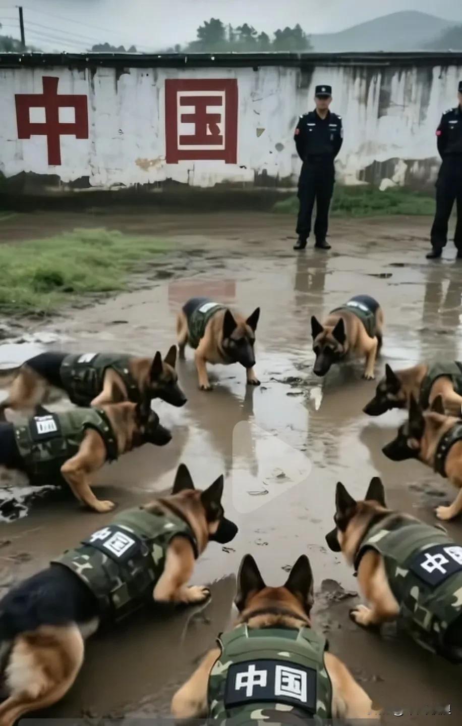 在泥水中开展警犬军训，狗狗们听着训导员的口令做卧身操，每一只都不怕苦、不怕脏、不