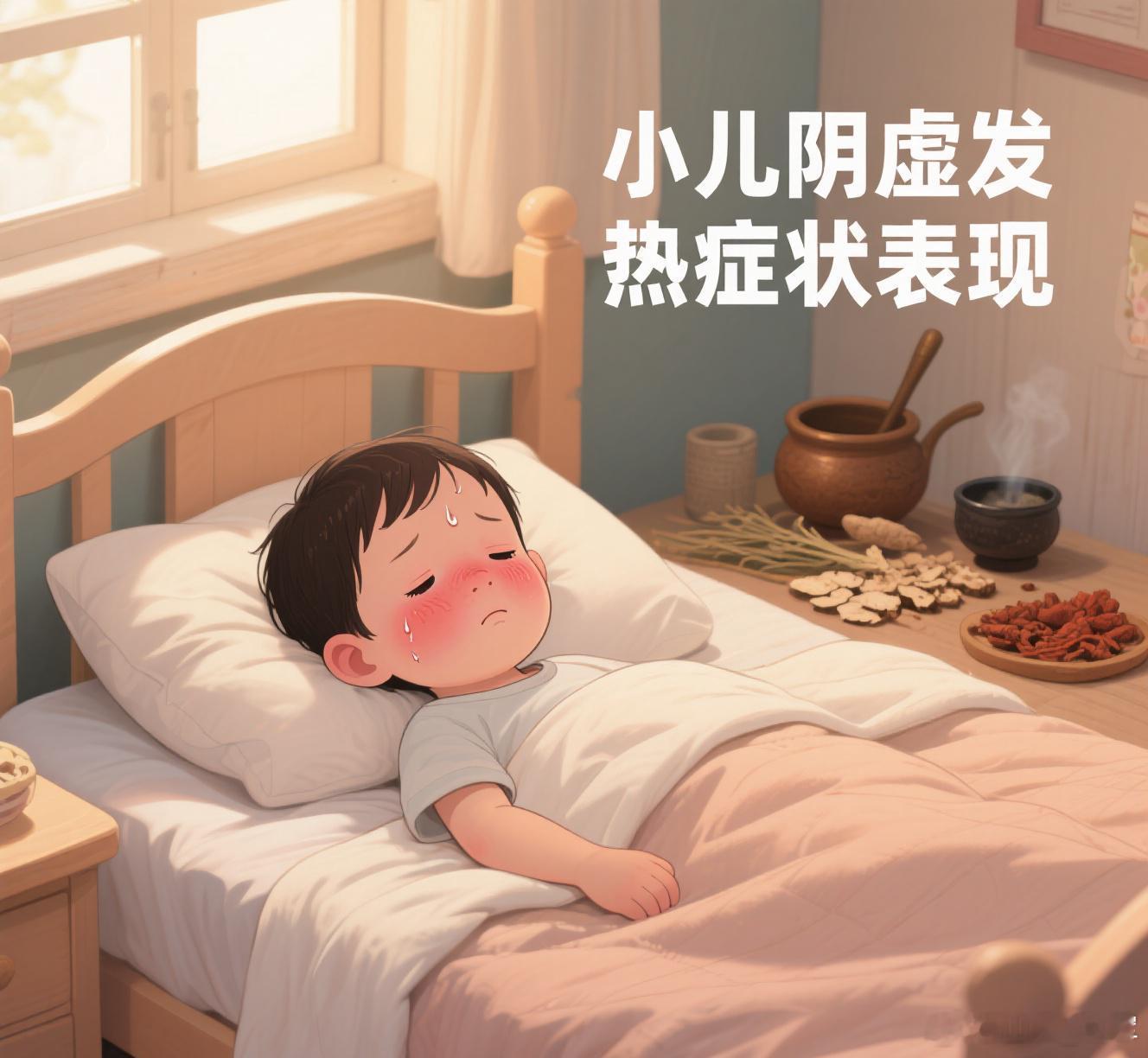 小儿阴虚发热多表现为午后或夜间低热、手足心热、盗汗、口干咽燥、舌红少苔等。以下介