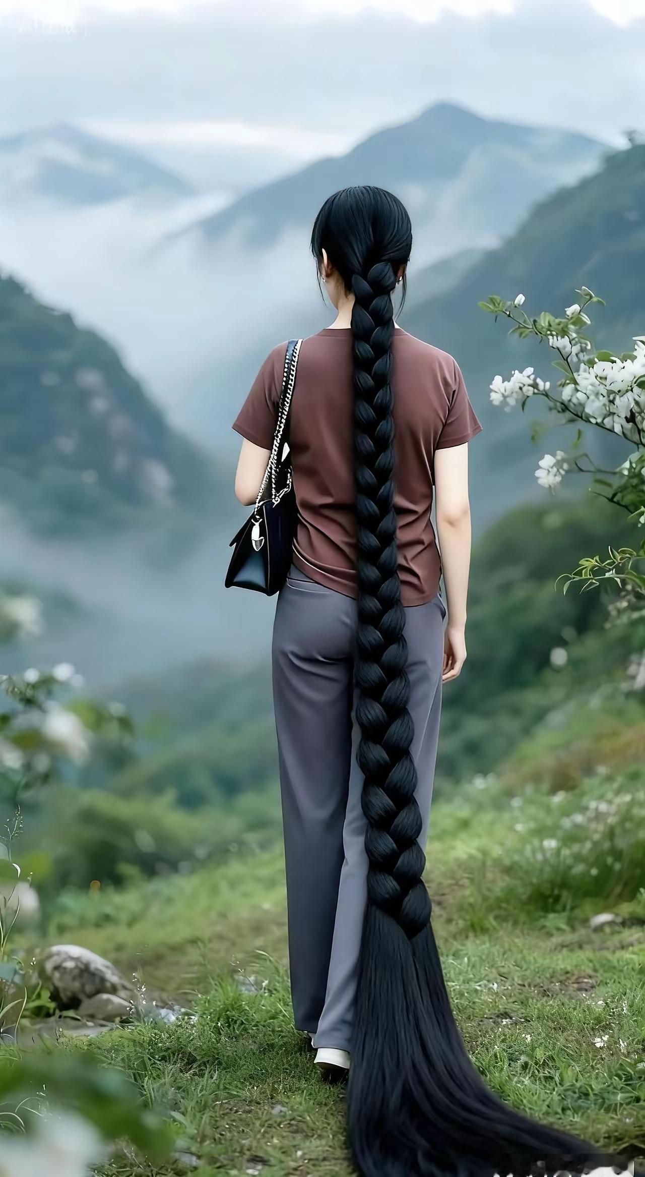 长发飘飘，山间漫步，享受自然之美。