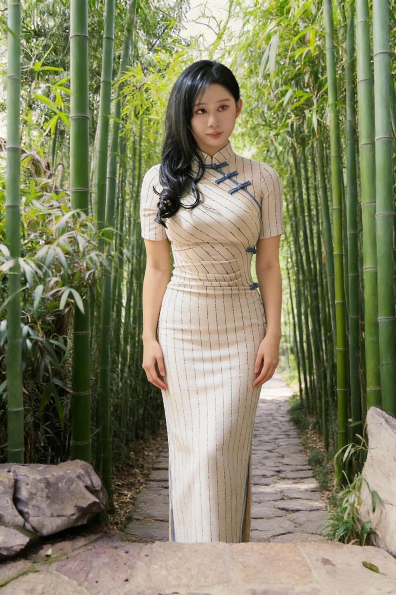 风掠过竹林时，裁下一缕青葱她立在石径上，旗袍的纹路是时光捻成的线，斜斜绕着肩