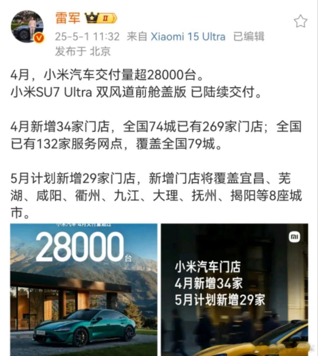 4月小米汽车交付超28000台5月1日在其社交媒体平台发文公布小米汽车4月交付数