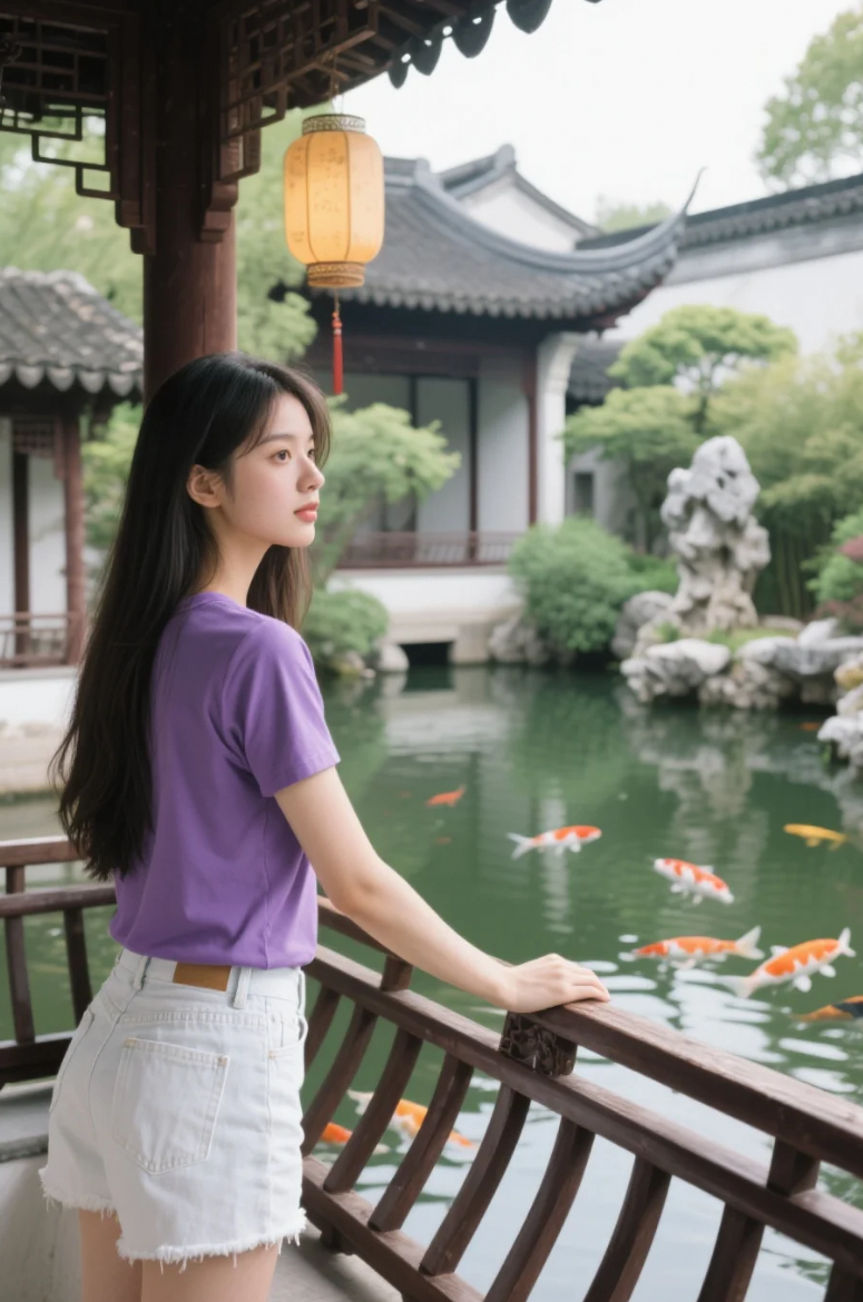 假山叠影，藤蔓垂帘，她站在古今交汇的缝隙里