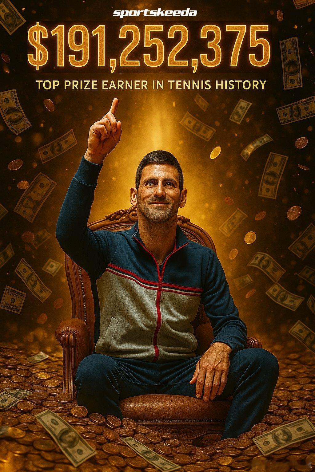 生涯奖金TOP3：德约科维奇：191,252,375美元纳达尔：134,946,