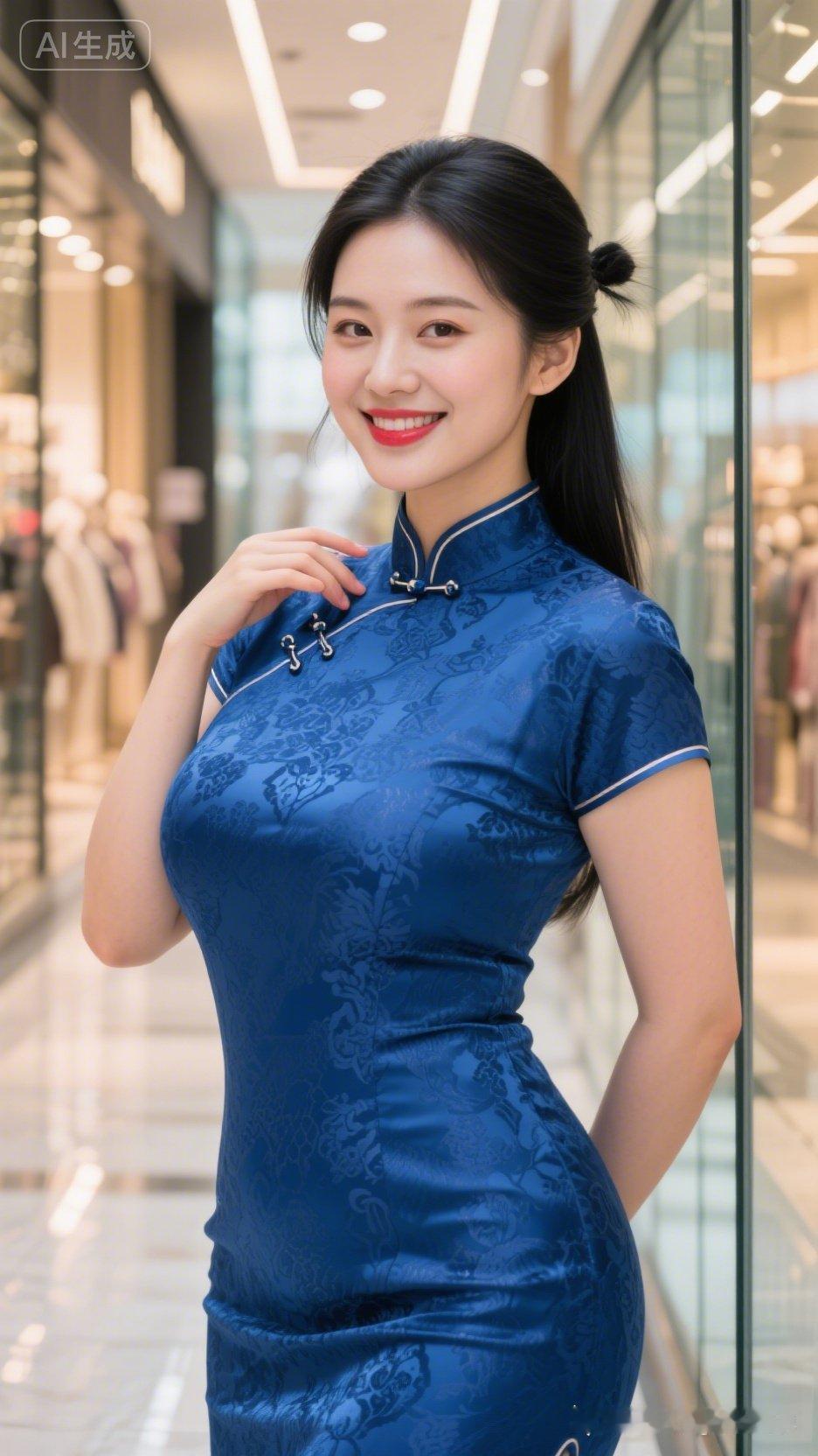 优雅蓝旗袍，都市女性风采