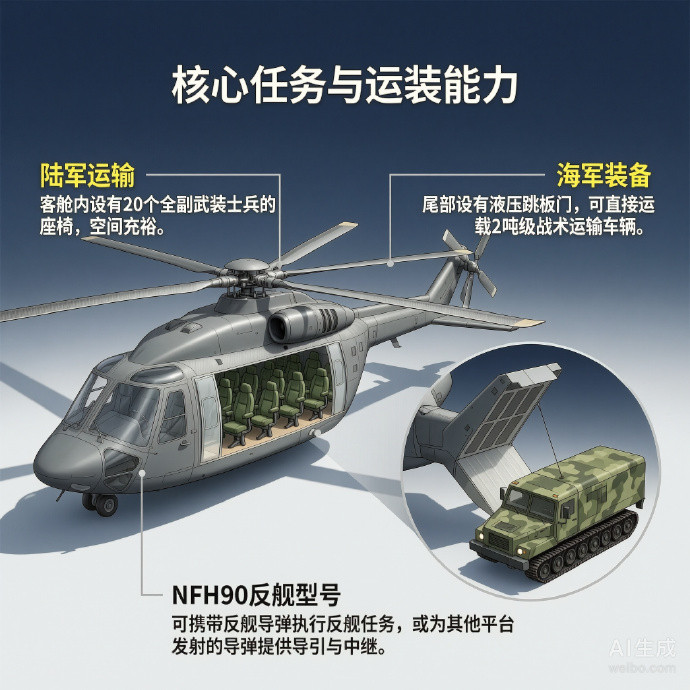 #军事ai新视野#欧洲NH90通用直升机NH90是法国、德国、意大利和荷兰共同研制的一款中型通用直升