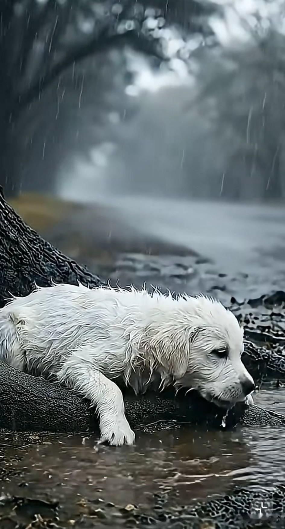 泪目了！一只可怜的流浪小狗一只风餐露宿的流浪，这天，下着暴雨，又饿又冷的它晕晕乎
