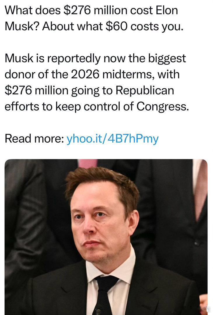 Musk目前是共和党第一大金主，今年中期选举，已为“保国会多数”捐$2.76亿他捐两亿多，什么概念？