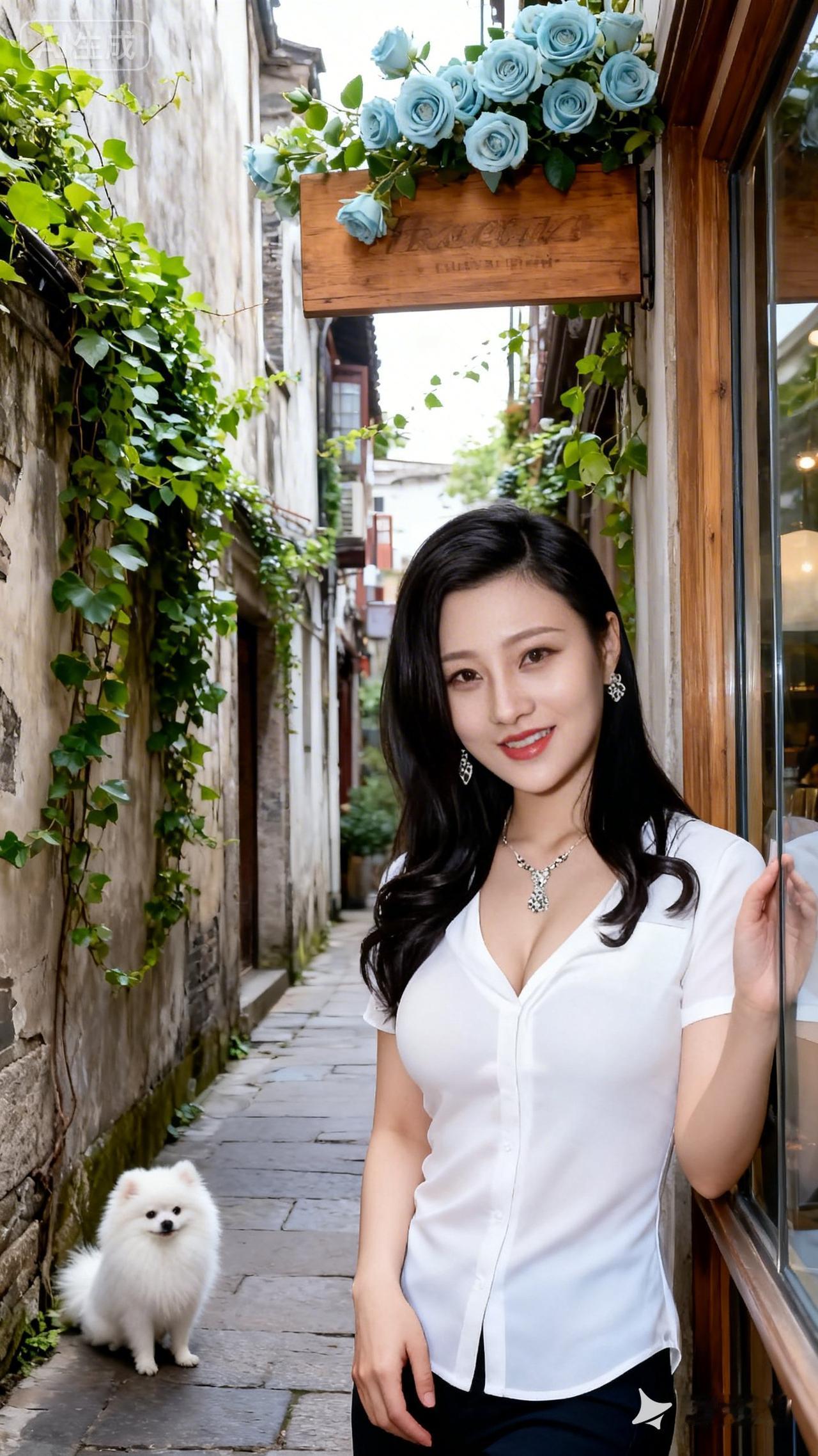 优雅白衬衫，复古街巷风，与爱犬相伴的美好时光