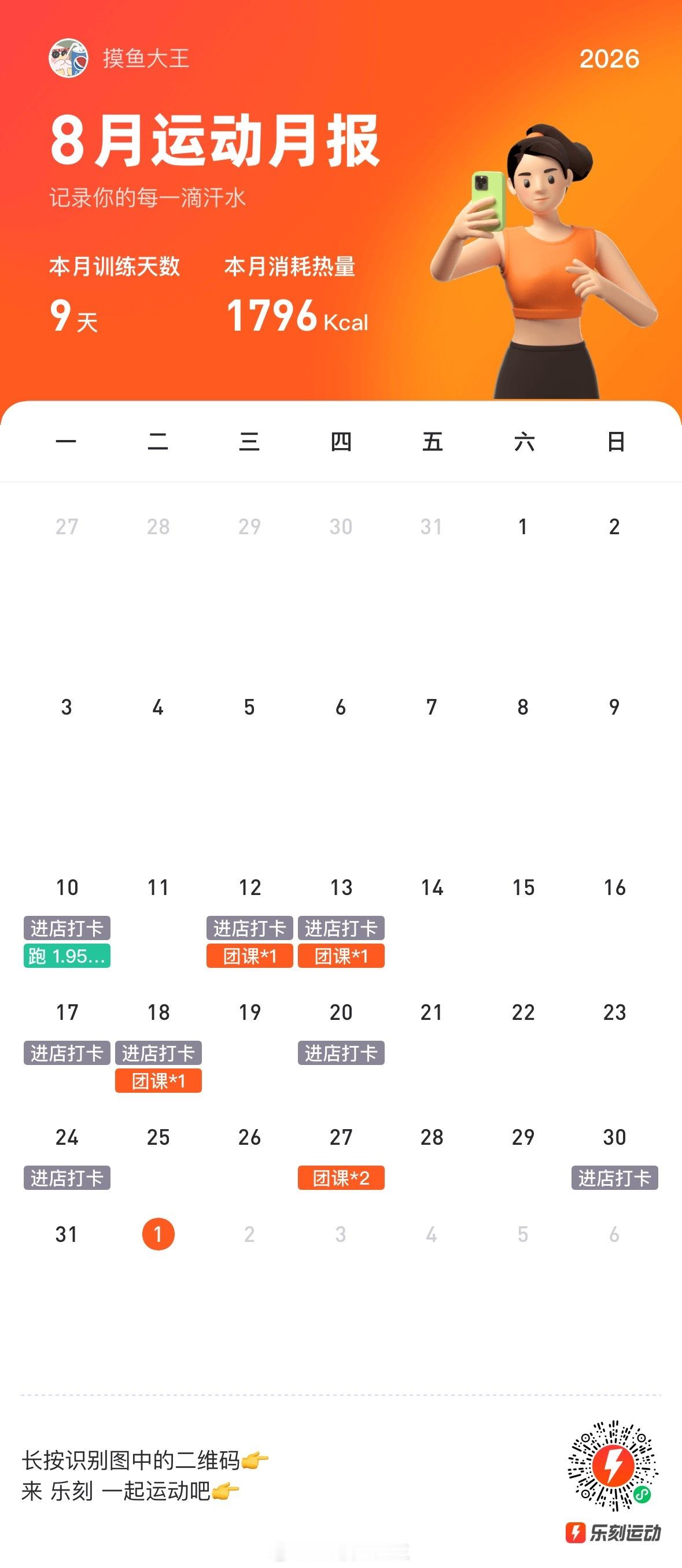 八月开始上团课，去健身房的9次中上了5节团课。本月我将开始跑步，我看这次我能坚持多久[doge]咋感