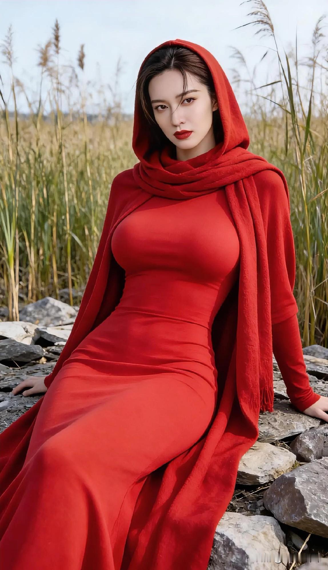 苇浪翻金，石径横陈。红裳似火，裹住温婉。兜帽垂落，掩半缕清风；长裙曳地，吻