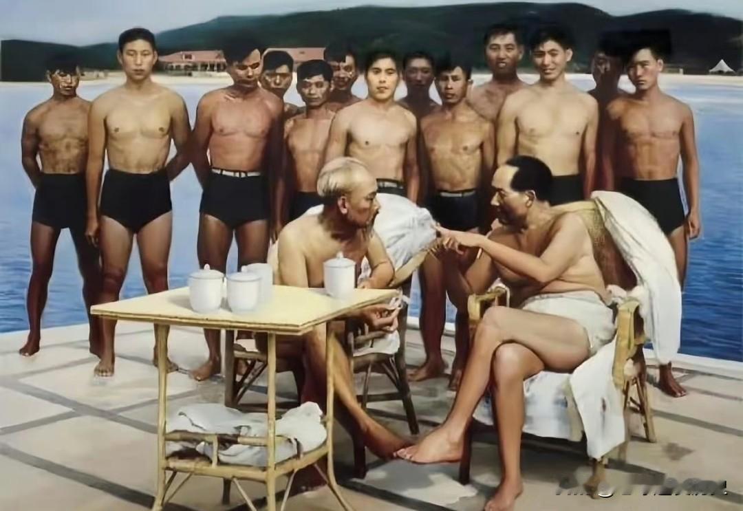 1960年8月的北戴河海滨，碧海映着晴空，刚结束游泳的毛主席与胡志明并肩而坐，竹