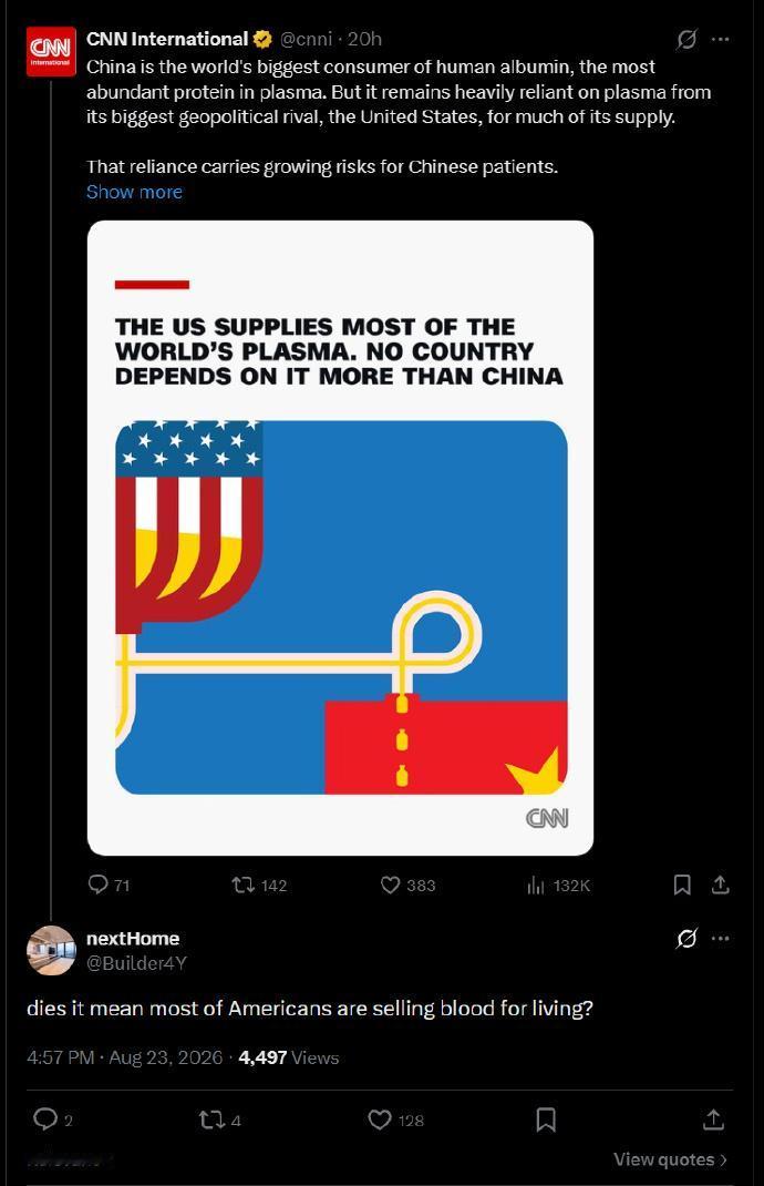 笑不活了！CNN又憋出个大招，说一旦美国限制血浆制品对外供应，中国或将面临药品供