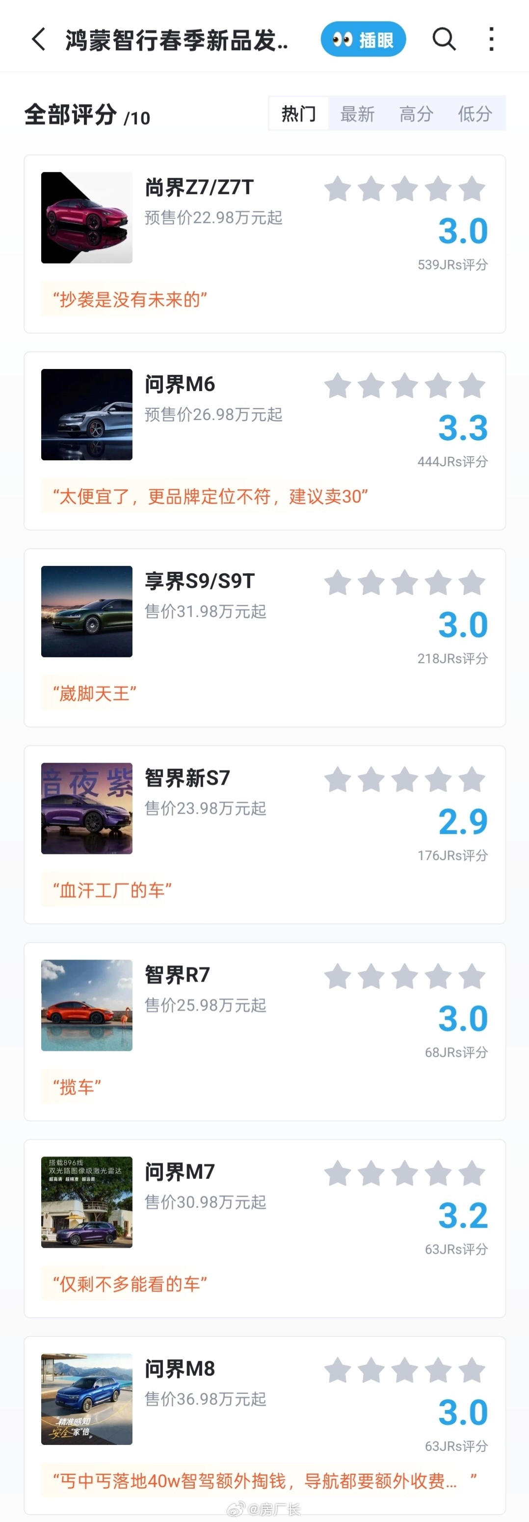 虎扑给鸿蒙智行的9款新车评分怎么都这么低